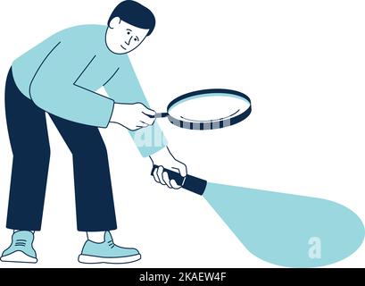 Man looking with flashlight and magnifying glass. Investigation icon Stock Vector