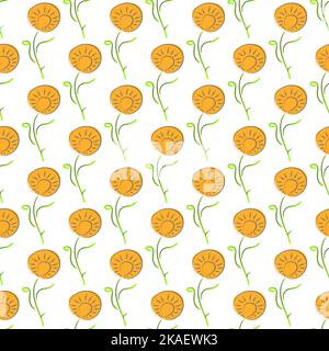 Seamless floral pattern. Decorative surface design. Yellow dandelions on white background. Vector illustration Stock Vector
