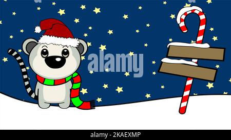 xmas background chibi standing baby lemur cartoon illustration postal in vector format Stock Vector