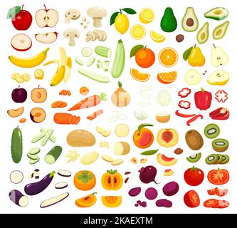 Big set of flat whole and sliced fresh fruits and vegetables with carrot tomato lemon avocado apple banana peach isolated vector illustration Stock Vector