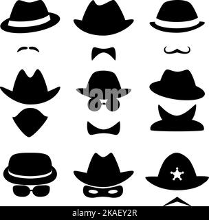 Icons of criminals and police officers. Incognito. Detectives. Poirot, Inspector Jeff, Professor Marriarty. Collection of famous, anonymous and strang Stock Vector