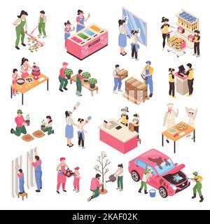 Isometric teenagers icons set with young people working in local stores on practice or internship isolated vector illustration Stock Vector