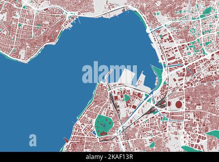 Izmir vector map. Detailed map of Izmir city administrative area. Cityscape panorama. Royalty free vector illustration. Outline map with buildings, wa Stock Vector