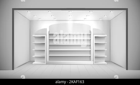 Realistic store interior with empty white shelves and ceiling lights vector illustration Stock Vector