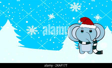 xmas background chibi standing baby elephant cartoon illustration postal in vector format Stock Vector