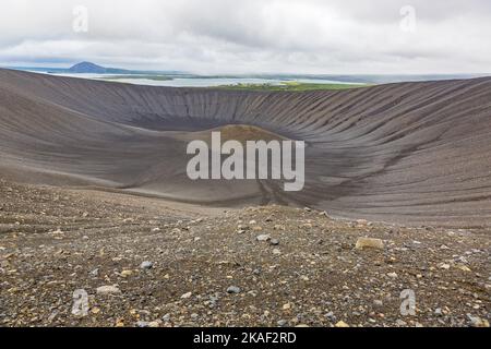 View to the Hverfjall volcano crater on Iceland in summer Stock Photo