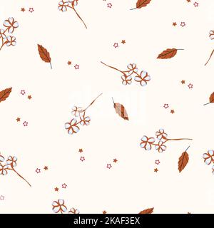 Seamless pattern with a cotton flowers and leaves around. Bright pattern can be used as textile, fabric, wallpaper, banner and other. Vector illustration. Stock Vector