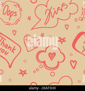 A seamless pattern of speech bubbles with dialog words, hand-drawn doodle-style elements. Hello, Love, Sorry, Love, Kiss, Bye. Vector illustration Stock Vector
