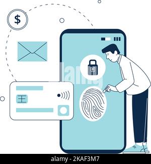 Man with smartphone protected with fingerprint lock. Cyber security Stock Vector