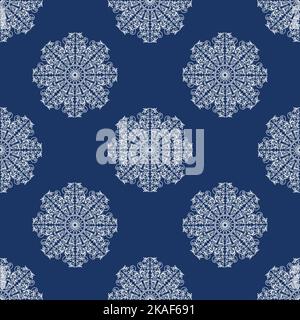 Colorful seamless pattern with abstract elements. Decorative texture. Lace snowflakes on dark blue background. Stock Vector