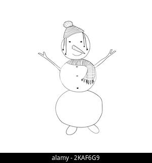Cute snowman in scarf and cap on white background. Funny cartoon character for winter design. Coloring book page. Vector illustration. Stock Vector