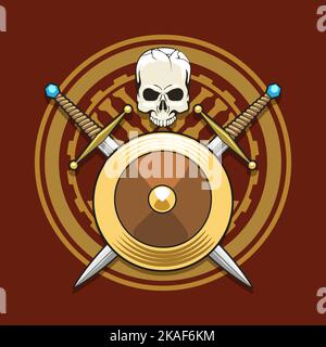 Nomad Coat of Fame with Skull., Two Swords, shield and tengrian symbol. Vector illustration. Stock Vector
