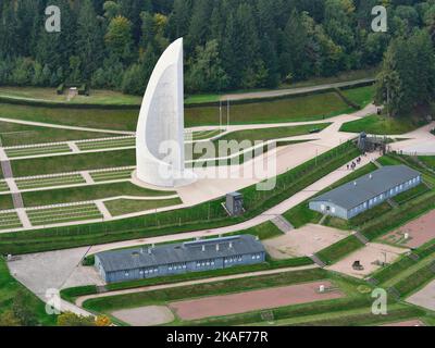 AERIAL VIEW. The Struthof, a concentration camp from the Second World War in the Vosges Mountains. Natzwiller, Bas-Rhin, Alsace, Grand Est, France. Stock Photo