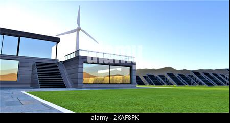 Eco-friendly house with a spacious green meadow. One wind generator can replace several dozen solar panels. Choice of the type of alternative energy s Stock Photo