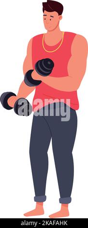 Man exercising with dumbbell. Power lifting workout isolated on white background Stock Vector
