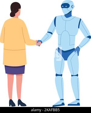 Woman shaking hands with robot. Cyber human friendship isolated on white background Stock Vector