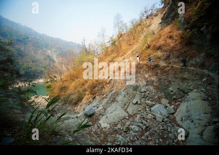 Trail on the Sarda river gorge at India/Nepal border. This trek was made famous by Jim Corbett in his book Maneaters of Kumaon, Uttarakhand, India Stock Photo