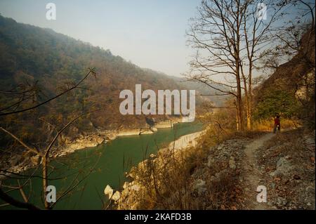 Trail on the Sarda river gorge at India/Nepal border. This trek was made famous by Jim Corbett in his book Maneaters of Kumaon, Uttarakhand, India Stock Photo