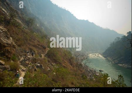 Trail on the Sarda river gorge at India/Nepal border. This trek was made famous by Jim Corbett in his book Maneaters of Kumaon, Uttarakhand, India Stock Photo