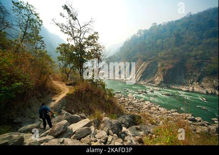 Trail on the Sarda river gorge at India/Nepal border. This trek was made famous by Jim Corbett in his book Maneaters of Kumaon, Uttarakhand, India Stock Photo