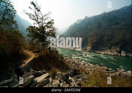 Trail on the Sarda river gorge at India/Nepal border. This trek was made famous by Jim Corbett in his book Maneaters of Kumaon, Uttarakhand, India Stock Photo