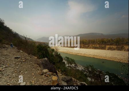 Trail on the Sarda river gorge at India/Nepal border. This trek was made famous by Jim Corbett in his book Maneaters of Kumaon, Uttarakhand, India Stock Photo