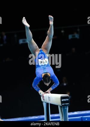 Szczecin, Poland, April 11, 2019:Amelie Morgan of Great Britain competes on the balance beam during the artistic gymnastics championships 2019 Stock Photo