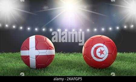 Two soccer balls in flags colors on stadium blurred background. Denmark vs Tunisia. 3d image Stock Photo