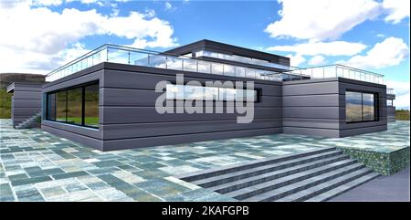 Stylish popular black and gray square stone slab paving in front of the house with a metallic finish. Comfortable concrete stairs. 3d rendering. Stock Photo