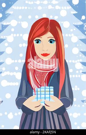Woman with red long hair, scarf and grey pleated skirt has a Christmas present in her hands. Her hands are in arm warmers. She is standing in front of Stock Vector