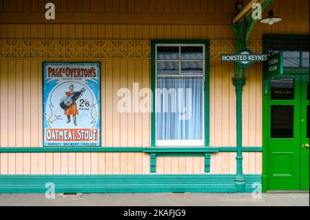 Wood panelled facade of vintage Horsted Keynes train station building and platform on historic Bluebell Railway line, East Sussex, England. Stock Photo