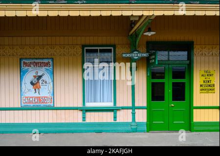 Wood panelled facade of vintage Horsted Keynes train station building and platform on historic Bluebell Railway line, East Sussex, England. Stock Photo