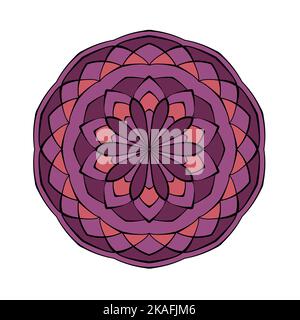Mandala lacy pattern in purple color palette. Round ornament pattern. Floral rosette. Graphic design. Coloring book page element Stock Vector