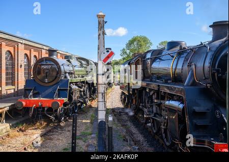 Steam locomotives 75027 and 73082 'Camelot' parked at a siding at the Bluebell Railway station at Sheffield Park, East Sussex, England. Stock Photo