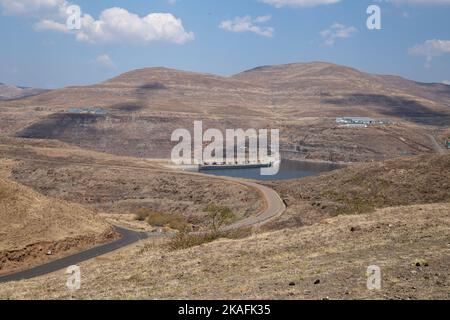 Katse dam in Lesotho with mountains water and concrete dam wall Stock Photo