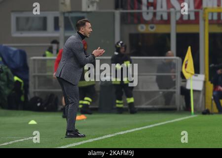 Milan, Italy. 02nd Nov, 2022. Matthias Jaissle Head Coach of FC Red Bull Salzburggestures during UEFA Champions League 2022/23 Group Stage - Group E football match between AC Milan and FC Red Bull Salzburg at Giuseppe Meazza Stadium, Milan, Italy on November 02, 2022 Credit: Independent Photo Agency/Alamy Live News Stock Photo