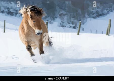 Haflinger horse rages through the snow. Snow-covered paddock. Vector in low poly style. Stock Vector