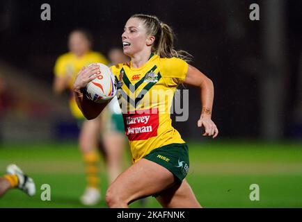 Australia’s Tarryn Aiken races clear to score a try during the Women's Rugby League World Cup group B match at the LNER Community Stadium, York. Picture date: Wednesday November 2, 2022. Stock Photo