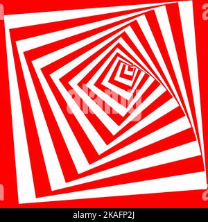 Abstract twisted red and white background. Optical illusion of distorted surface. Twisted stripes. Stylized 3d tunnel. Stock Vector
