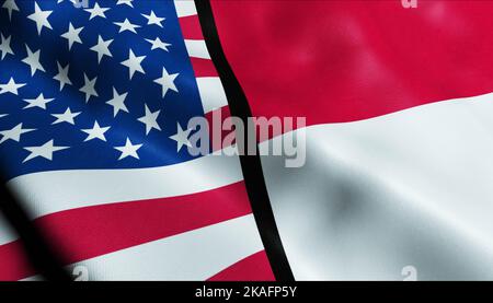 3D Waving Indonesia and USA Merged Flag Closeup View Stock Photo