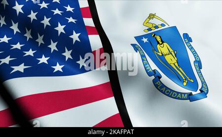 3D Waving Massachusetts and USA Merged Flag Closeup View Stock Photo