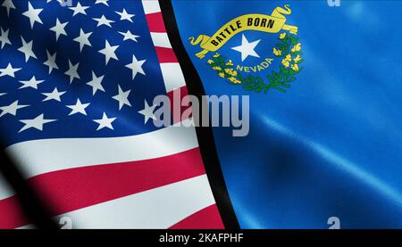 3D Waving Nevada and USA Merged Flag Closeup View Stock Photo