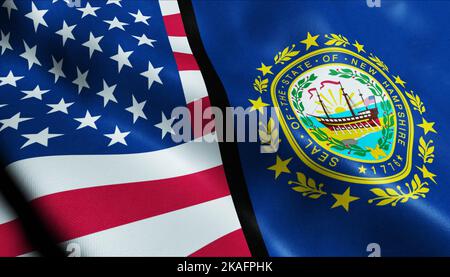 3D Waving New Hampshire and USA Merged Flag Closeup View Stock Photo