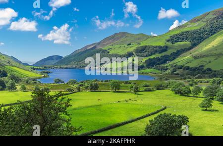 the beautiful Talyllyn Glacier Lake in North Wales in summer with blue sky and green grass Stock Photo