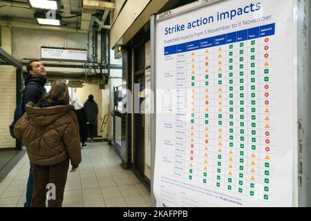 London, UK, 2 November 2022: A notice about upcoming tube strikes at Embankment station. Anna Watson/Alamy Live News Stock Photo