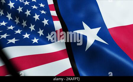 3D Waving Texas and USA Merged Flag Closeup View Stock Photo