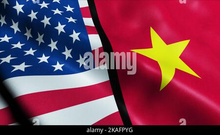 3D Waving Vietnam and USA Merged Flag Closeup View Stock Photo