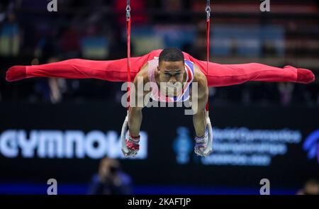 Liverpool, UK. 2nd November, 2022. Great Britain's Joe Fraser performs on the Rings during the Men's Team Final on day five of the 2022 Gymnastics World Championships at M&S Bank Arena on November 02, 2022, in Liverpool, England. (Photo: Mark Fletcher | MI News) Credit: MI News & Sport /Alamy Live News Stock Photo