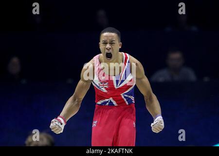 Liverpool, UK. 2nd November, 2022. Great Britain's Joe Fraser celebrates after his horizontal bars routine during the Men's Team Final on day five of the 2022 Gymnastics World Championships at M&S Bank Arena on November 02, 2022, in Liverpool, England. (Photo: Mark Fletcher | MI News) Credit: MI News & Sport /Alamy Live News Stock Photo