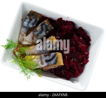 Smoked mackerel served with grated beetroot Stock Photo